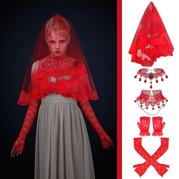 5 Pcs Halloween Red Veil Women's Bride Cosplay Costume Tulle Gothic Lace Veil🌹 - Picture 3 of 5